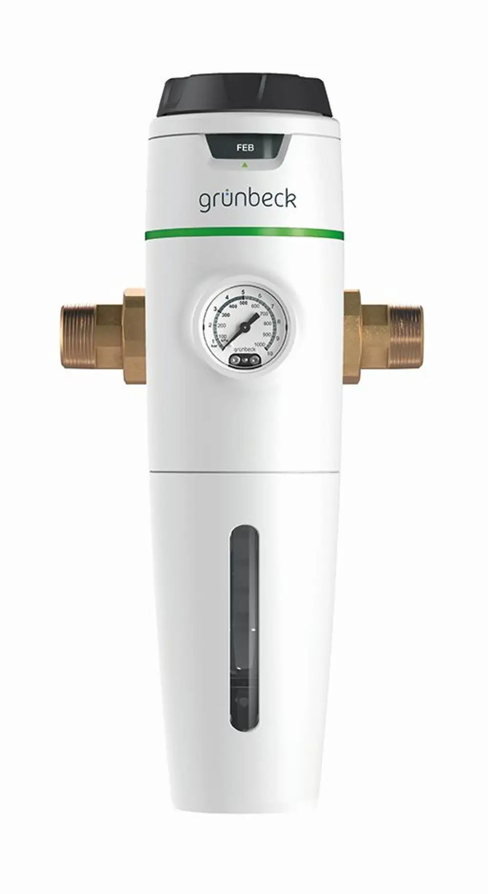 Weißer Wasserfilter mit Druckminderer von Grünbeck, ausgestattet mit einem Manometer und zwei Anschlüssen aus Messing an den Seiten. Sichtfenster zur Betrachtung des Filterinhalts.